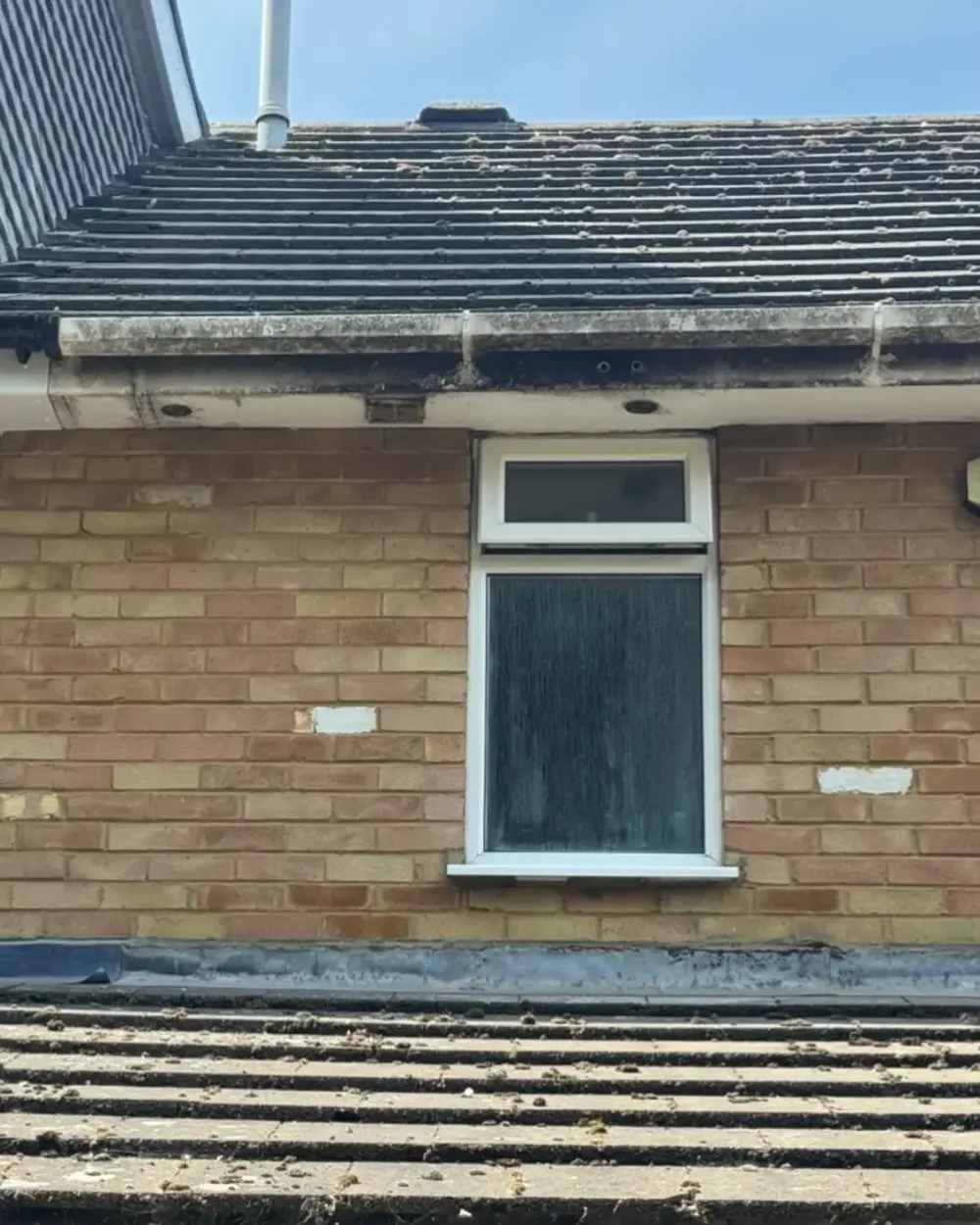 Gutter line, soffits and bay roof covered in dirt and algae before cleaning