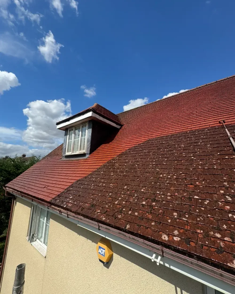 Tiled roof half cleaned, showing moss-covered tiles beside the cleaned section